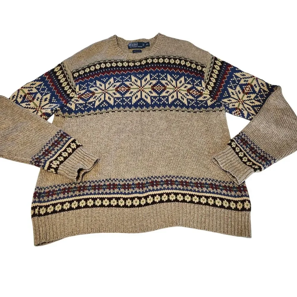 Vintage Polo Ralph Lauren Mens LS Sweater Beige Snowflake Nordic Cotton Knit  XL